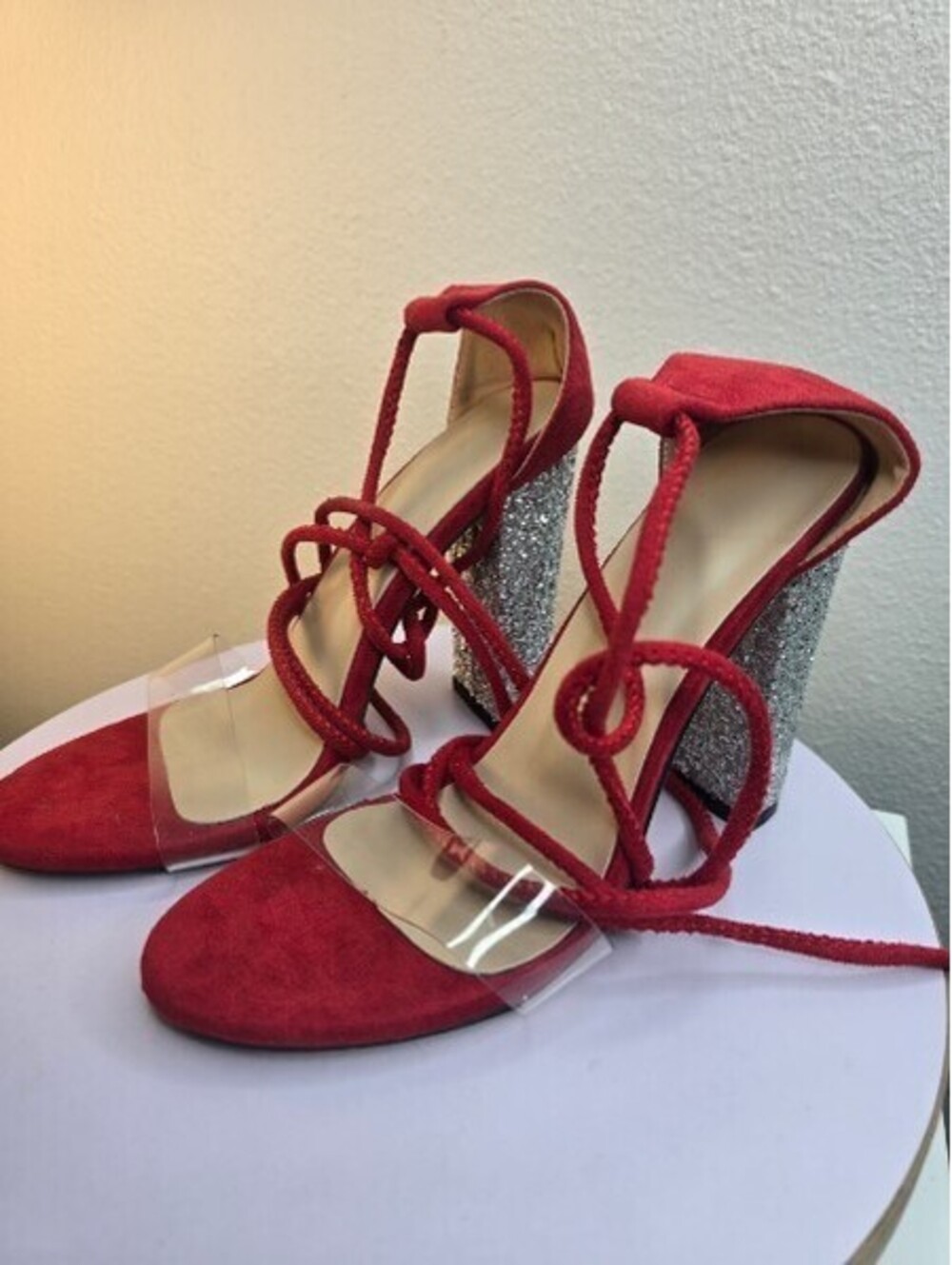 Sexy Red Strappy Heels Clear Toe Strap Rhinestone Block Heel Sandals Size 38 7.5